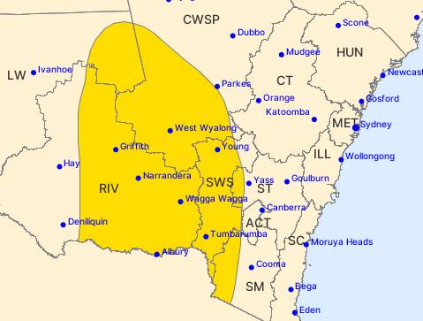 The Bureau of Meteorology's warning area for severe thunderstorms on Monday.