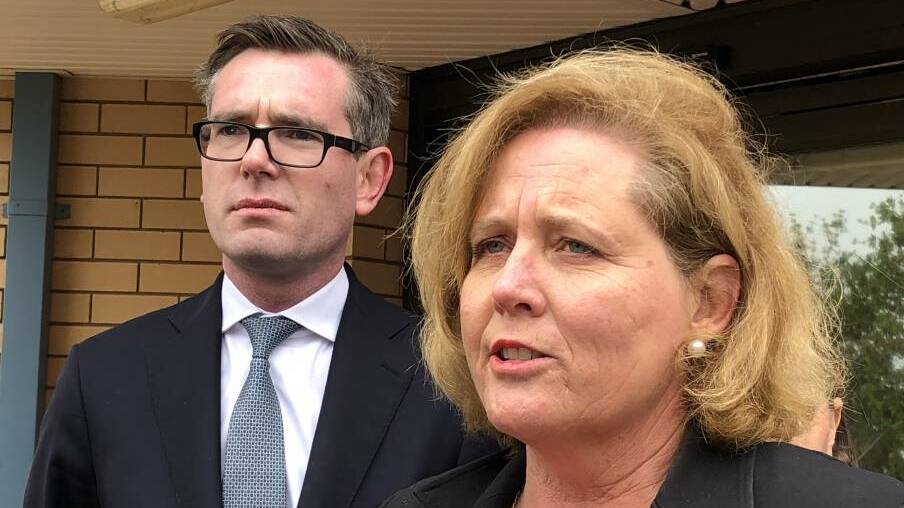 NSW Treasurer Dominic Perrottet with the Liberal candidate for the Wagga byelection, Julia Ham, who has angered some Nationals members by refering to herself as a "Liberal National candidate".