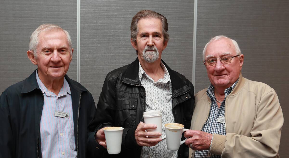 ANCESTRY: Fellowship of First Fleeters members Denis Adams (left) and Paul Gooding (right) with Wagga and district historical society president Geoff Burch. Picture: Les Smith