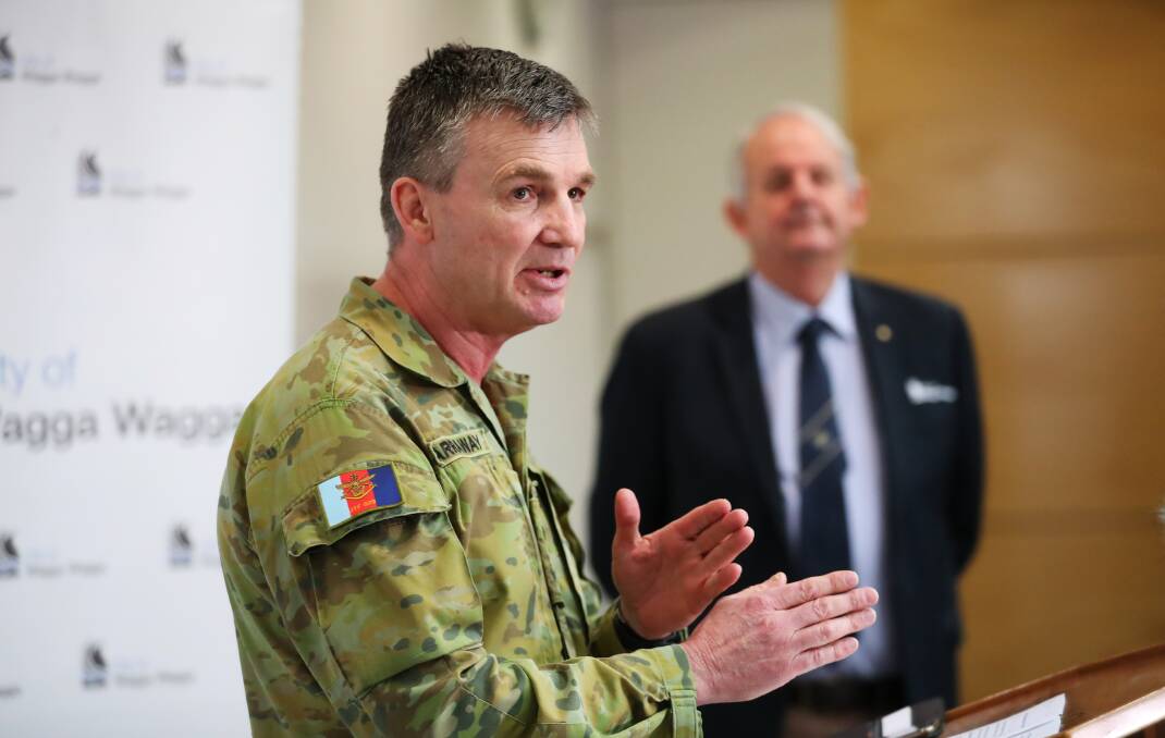 OPERATION: Australian Defence Force NSW COVID-19 Task Force Commander Brigadier Mick Garraway gives an update in Wagga yesterday on the COVID-19 response along the NSW border and safety measures at the city's bases. Picture: Emma Hillier.