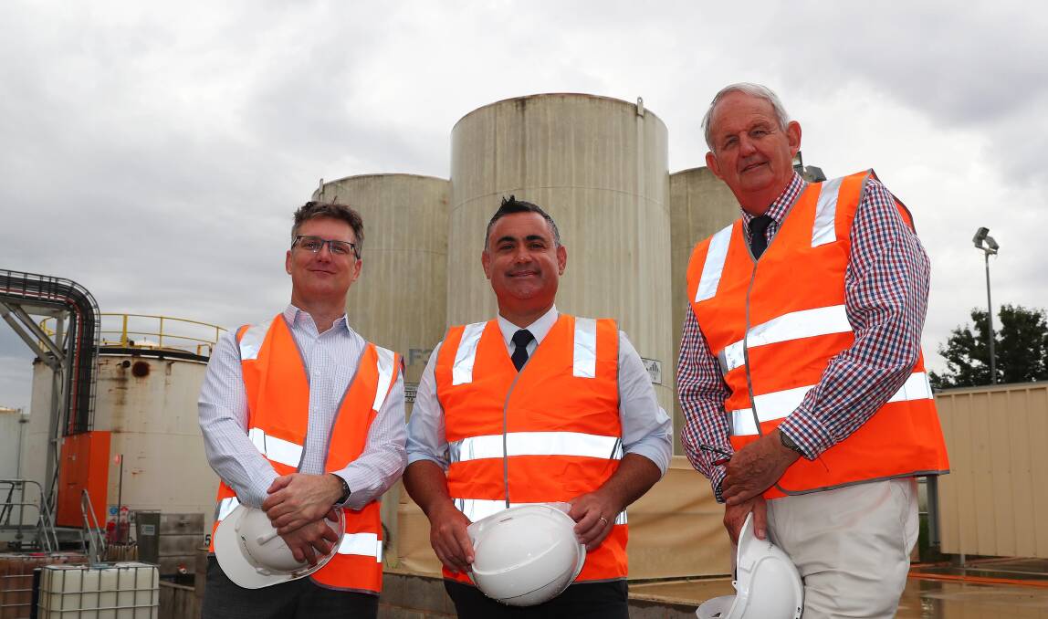 Tim Rose, the managing director of Southern Oils, (right) with Deputy Premier John Barilaro (centre) and Wagga mayor Greg Conkey in January at the announcement of a special activation precinct for Bomen.