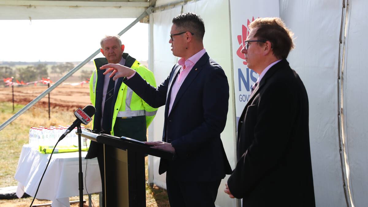 Wagga mayor Greg Conkey, Nationals MLC Wes Fang and Wagga MP Joe McGirr at the future RIFL site, which will see $137 million spent on industrial infrastructure on nearby land to encourage new business. Picture: Emma Hillier 