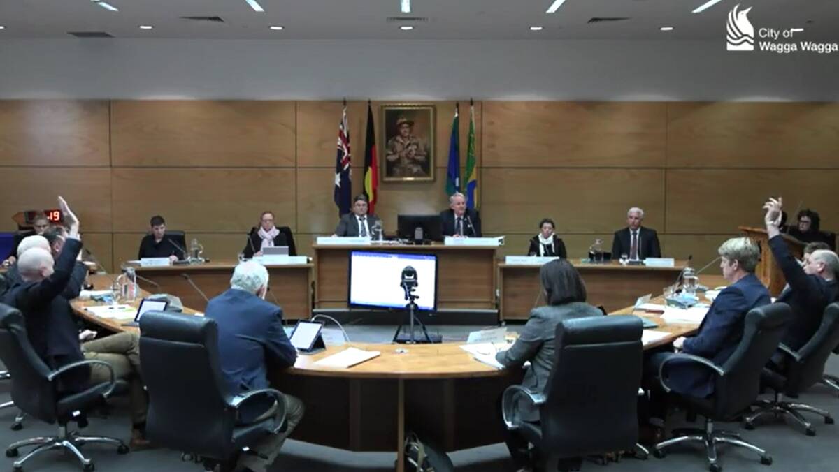 Wagga City Councillors Yvonne Braid, Tim Koschel and Kerry Pascoe and Paul Funnell vote for a motion to declare no confidence in mayor Greg Conkey. Picture: Wagga City Council