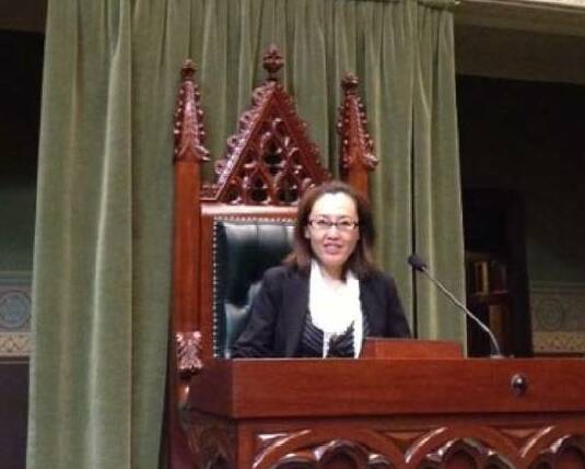 TOUR: Visa scheme consultant Maggie Wang sits in the Speaker of the House's chair after being invited to Parliament House by then-Wagga MP Daryl Maguire. Picture: ICAC