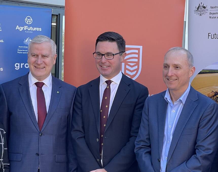Riverina MP Michael McCormack, federal Agriculture Minister David Littleproud and CSU interim Vice-Chancellor Professor John Germov at Monday's announcement of an $8 million innovation hub at Wagga CSU. Picture: Rex Martinich