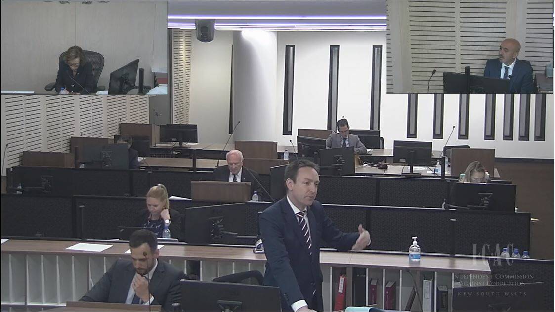 Sydney developer Joseph Alha (top right) is questioned by counsel assisting ICAC Scott Robertson (centre) at the corruption inquiry hearing on Thursday. Picture: ICAC