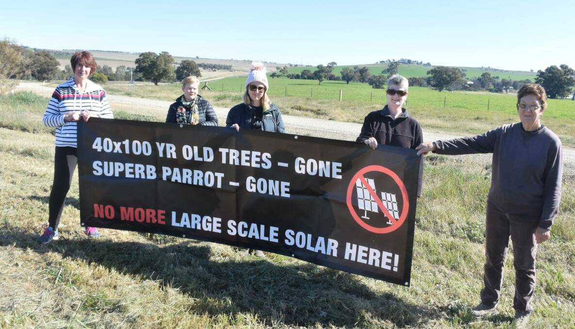 Eunony Valley Association's Wendy Anderson, Cathie O'Kane, Katie Howard, Sue White and Jan Pollard oppose the new solar farm on Windmill Road, to be located in the background on the left.