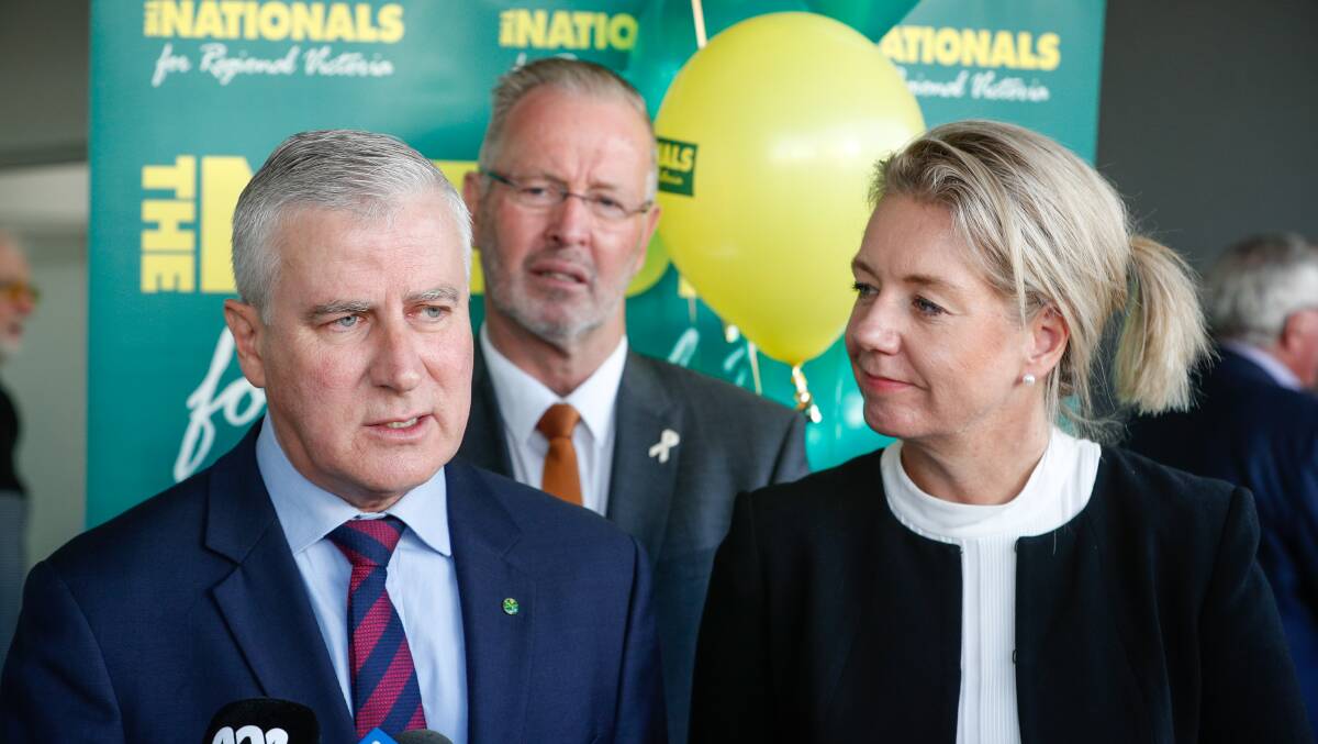 FUNDS: Riverina MP and Deputy Prime Minister Michael McCormack in February 2019 with then federal Sports Minister Bridget McKenzie, whose office approved a grant to a club linked to Mr McCormack's family.