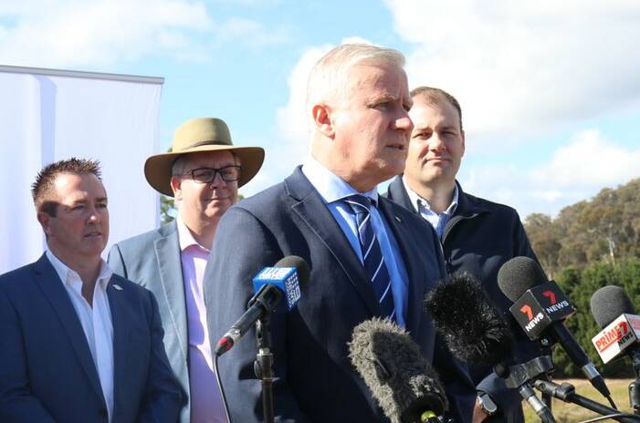 Riverina MP Michael McCormack answers questions about the Tamil Muruguppan family from Biloela while announcing a highway upgrade outside Lithgow on Monday. Picture: Michael McCormack/twitter.
