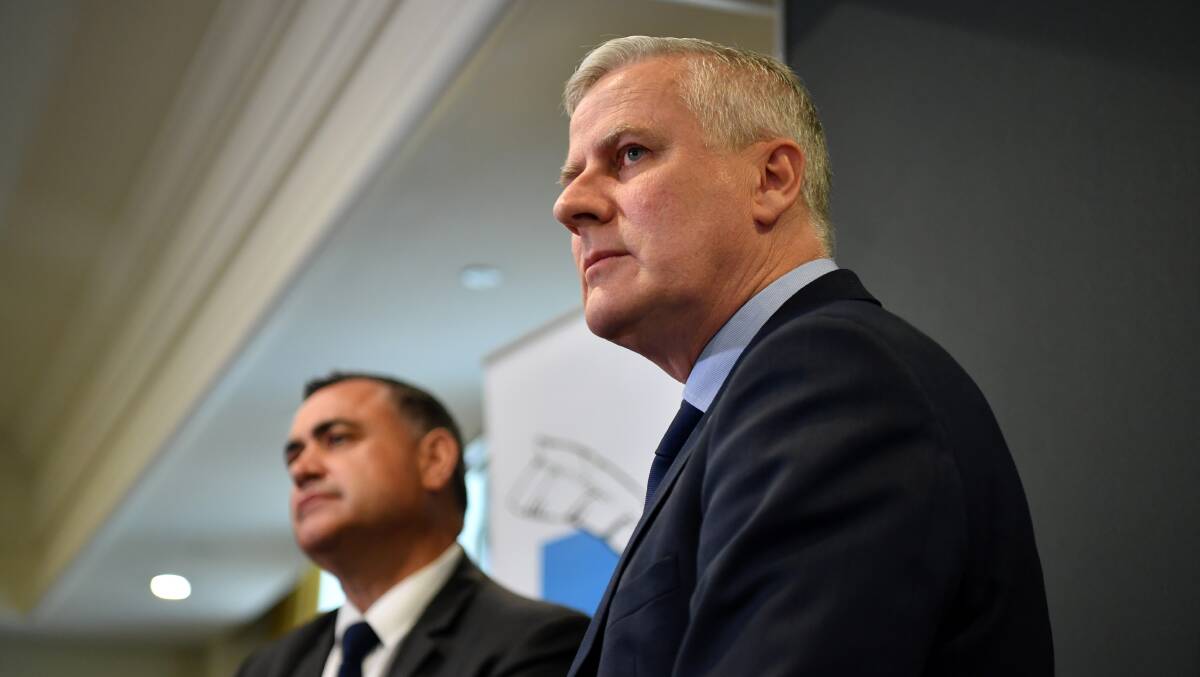 NSW Deputy Premier John Barilaro (left) and Deputy Prime Minister Michael McCormack take questions during the Farm Writers Association of NSW lunch in Sydney on Thursday. Picture: AAP/Joel Carrett