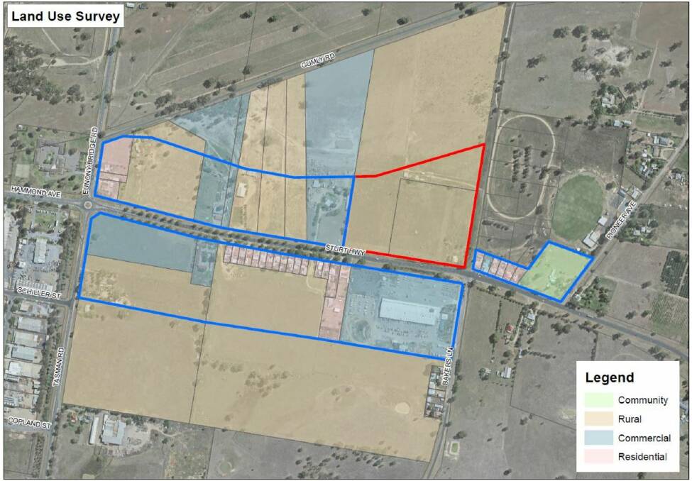 The proposed new area for a retail 'enterprise corridor'; east of Wagga on the Sturt Highway, outlined in blue. Picture: Wagga City Council.