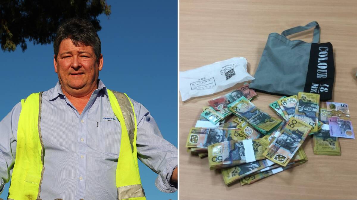 Great Southern Electrical managing director Shaun Duffy (left) and a bag of cash (right) he told ICAC was given to him by an alleged associate of former Wagga MP Daryl Maguire.