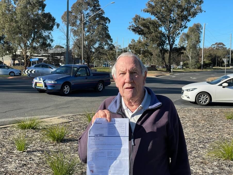 Wagga resident Trevor Neander, aged 80, with the first speed camera fine he has received in his life after being snapped on Fernleigh Road during May by a hidden speed check. Picture: Rex Martinich