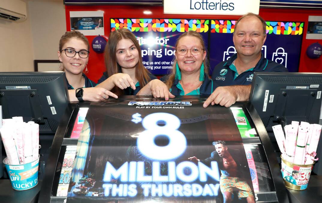 EXCITED: Kathleen Furner, Emily Dean, and Julie and David Ritter are thrilled to have sold a $9.8 million winning ticket to a Wagga woman. Pictures: Les Smith 