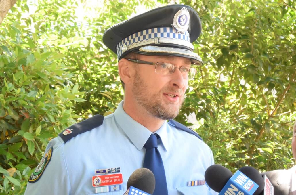 Wagga police Chief Inspector Andrew Spliet speaks to media about a Sturt Highway collision that put an elderly woman in hospital. Picture: Rex Martinich