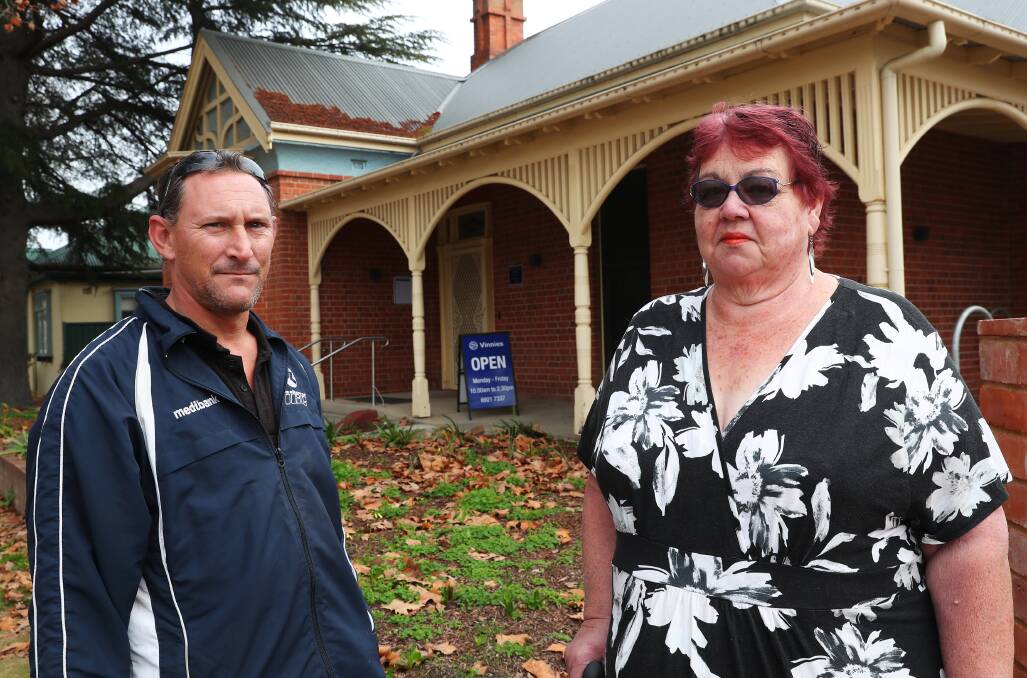 STRUGGLE: Newstart recipient Matthew Lungley and St Vincent de Paul Wagga region president Joanne Crowley say that the low rate of employment welfare is creating hardship in the region as heating, fuel and food costs rise. Picture: Emma Hillier 