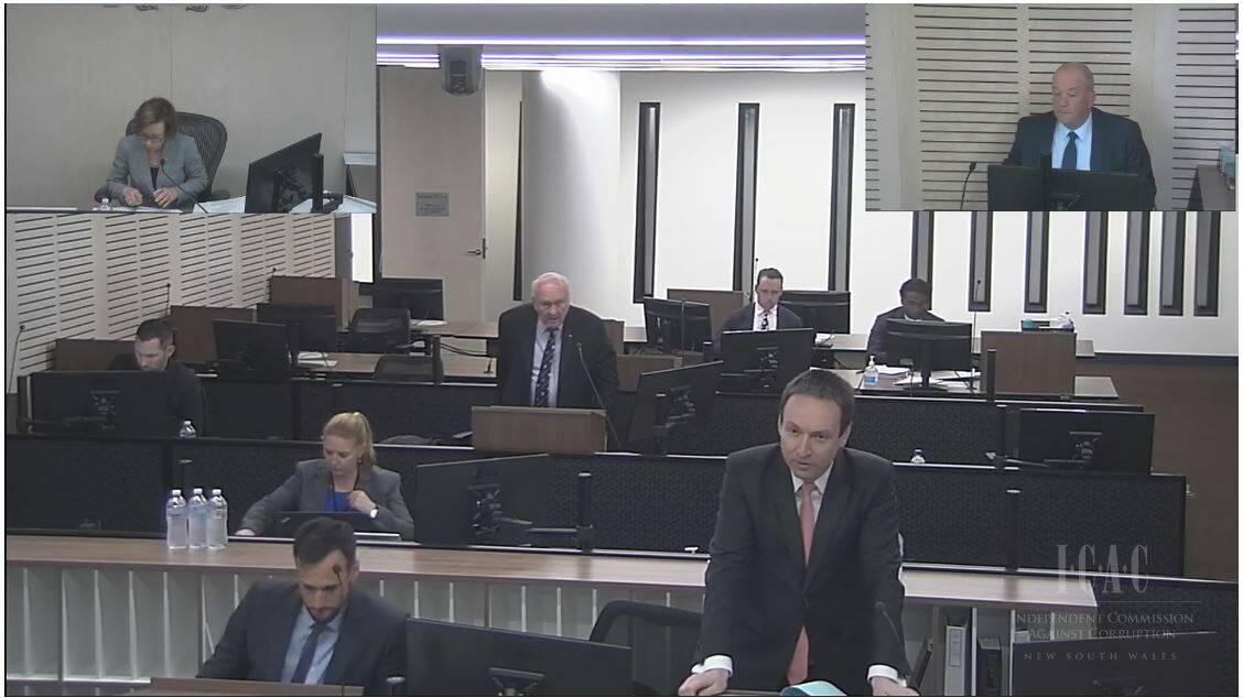 Counsel assisting ICAC, Scott Robertson, (bottom right) questions former Wagga MP Dary Maguire (top right) last week. Picture: ICAC