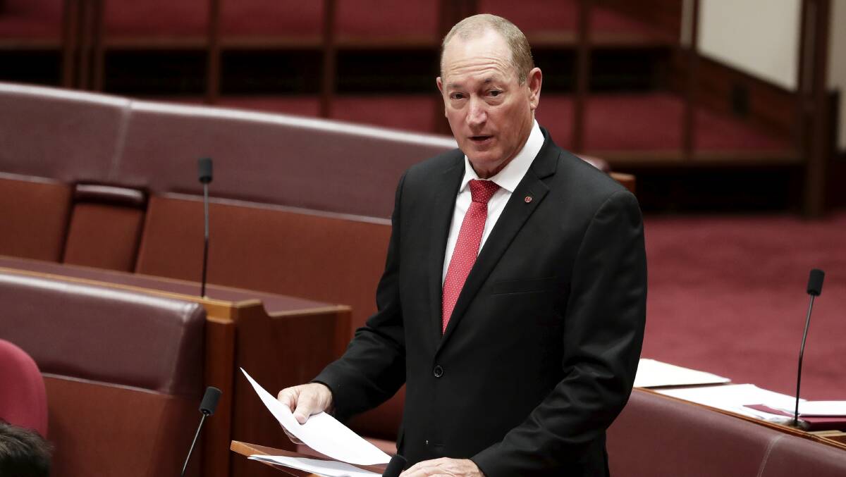 Senator Fraser Anning delivers his first speech in the Senate on Tuesday in whic he called for a return to the White Australia Policy. Photo: Alex Ellinghausen