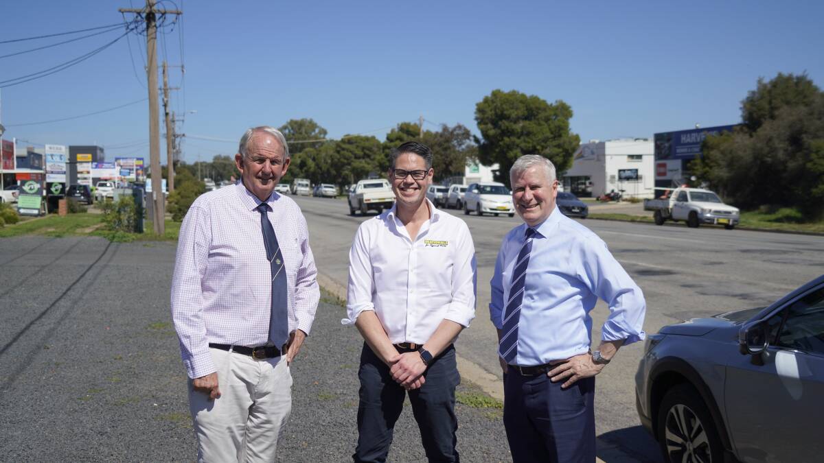 Wagga mayor Greg Conkey, Wagga-based NSW Nationals MLC Wes Fang and federal Riverina MP Michael McCormack on Pearson Street, which will share in a $4.2 million upgrade with Dobney Avenue.