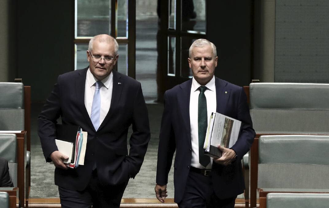 Prime Minister Scott Morrison and Deputy Prime Minister Michael McCormack in Parliament House for the release of the federal budget on Tuesday. Picture: Dominic Lorrimer

