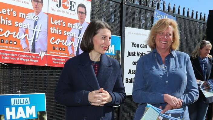 NSW Premier Gladys Berejiklian and Liberal candidate Julia Ham campaign in the September byelection outside Sturt Public School.
