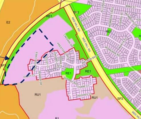 A map of a proposed new subdivision on the western edge of Lloyd in Wagga, marked with blue dotted lines, west of Red Hill Road. Picture: Wagga City Council.