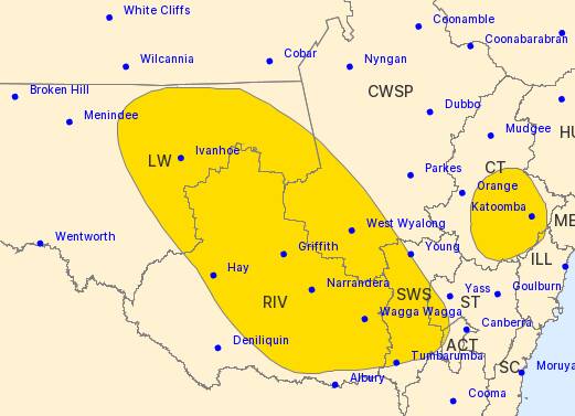 The Bureau of Meteorology's severe thunderstorms warning area, which is shaded in bright yellow.