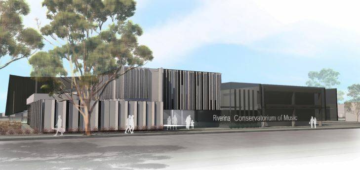 An artist's impression of how the completed second stage of the new Riverina Conservatorium of Music could look from Johnston Street.