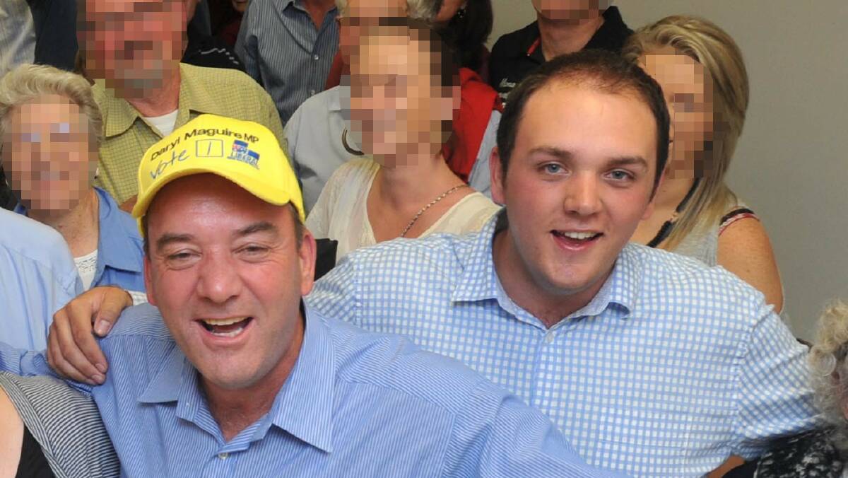 HEARING: Former Wagga MP Daryl MAguire (left) and son James, pictured after the Liberal Party's 2011 NSW election victory in Wagga. James on Wednesday told ICAC that he could not recall asking staff to destroy documents. 