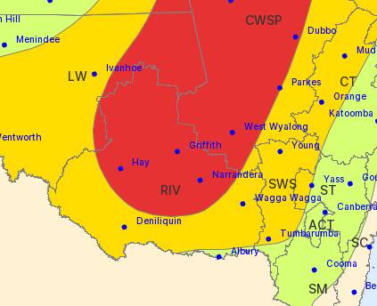 A Bureau of Meteorology map of areas with likely severe thunderstorms on Wednesday shaded in red and possible severe thunderstorms shaded in amber.