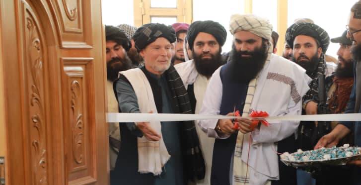 Timothy Weeks (left) at the opening of a new "Al Fath" mosque at the Afghan Ministry of Interior with Taliban acting Interior Minister, Khalifa Sahib Sirajuddin Haqqani (right). Picture: Ministry of Interior Afghanistan 