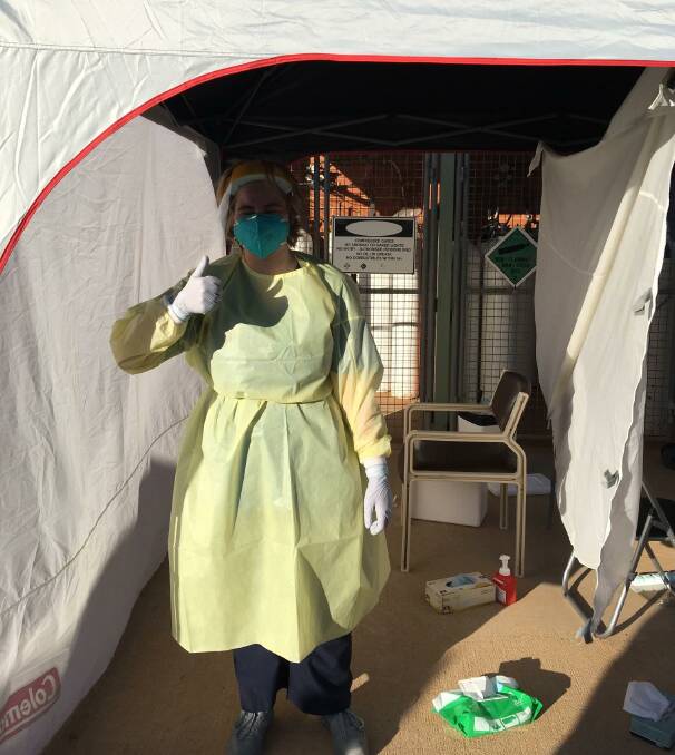 A Murrumbidgee Local Health District staff member at a COVID-19 testing clinic at Lake Cargelligo on Sunday. More than 550 people have been tested over the weekend after a COVID-19 infected person visited several shops in Hillston and Lake Cargelligo. Picture: MLHD