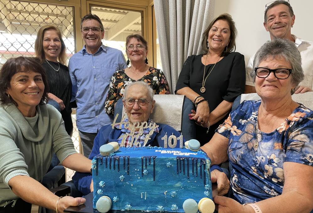 MILESTONE: Leslie Weston (centre) celebrates his 101st birthday with his children Shelly Weekes, Marg Davis, Judy Kennedy, Garry, Di Johnson, Bernadette and Greg.