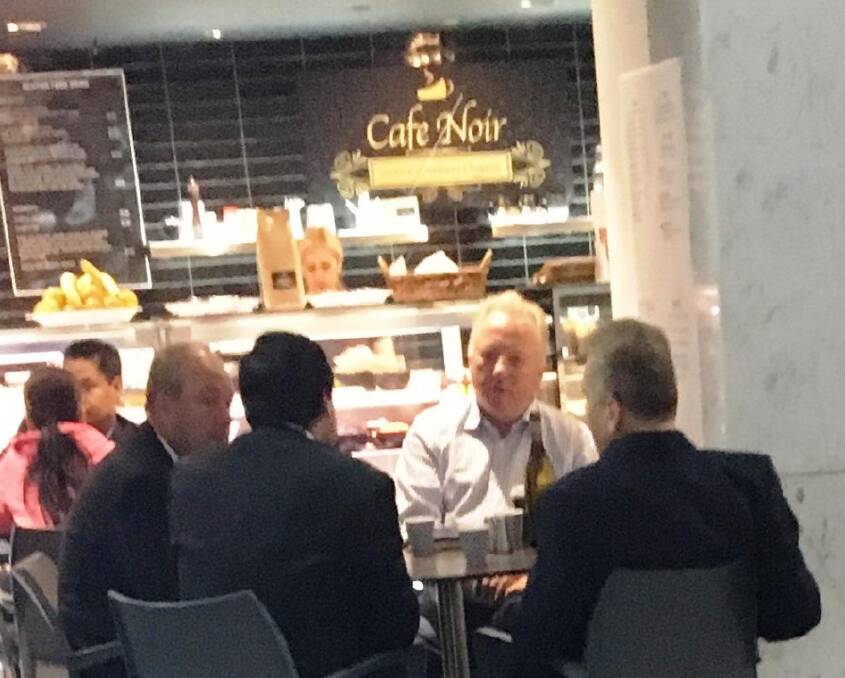Daryl Maguire (on left) meets with former Canterbury councillor Michael Hawatt and property developer Charbel Demian at a Sydney cafe. Picture: ICAC