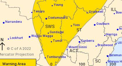 An area of NSW east of Wagga that could see damaging wind gusts on Wednesday evening and thursday morning. Picture: The Bureau of Meteorology