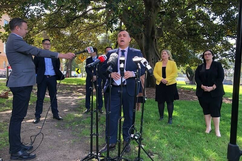 Wagga-based MLC Wes Fang (left, rear) joins with NSW Deputy Premier John Barilaro on Thursday to announce that the Nationals will not support the Coalition unless land use laws are changed. Picture: NSW NATIONALS