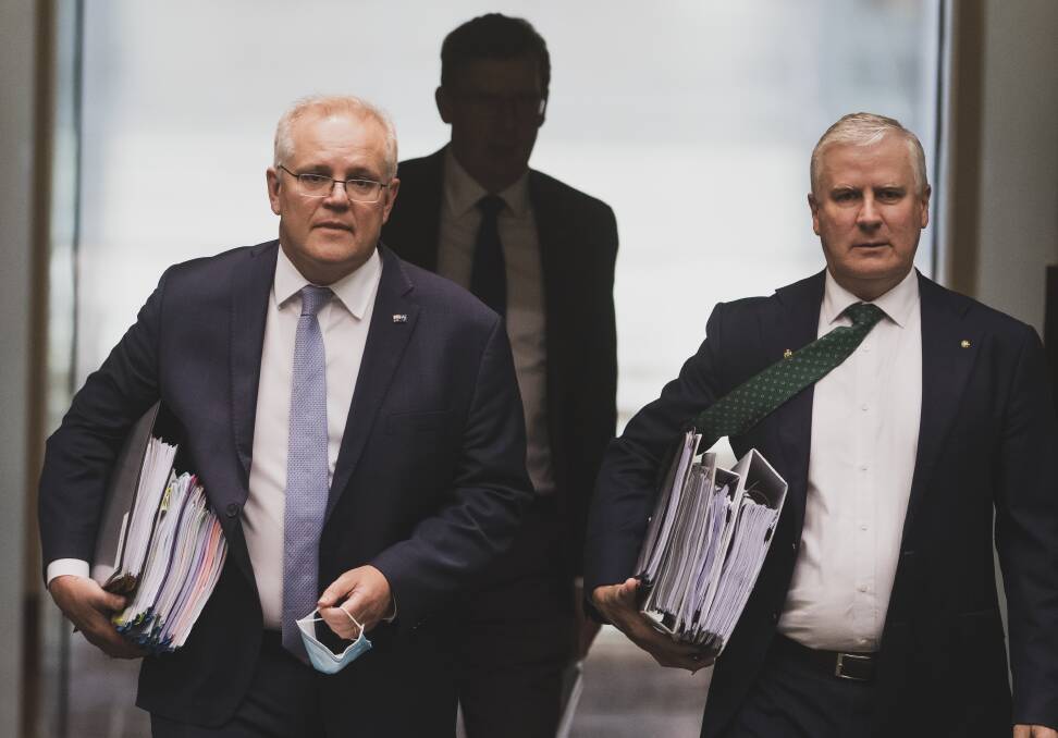 Prime Minister Scott Morrison and Deputy Prime Minister Michael McCormack arrive at Question Time in Parliament house last week. Picture: Dion Georgopoulos
