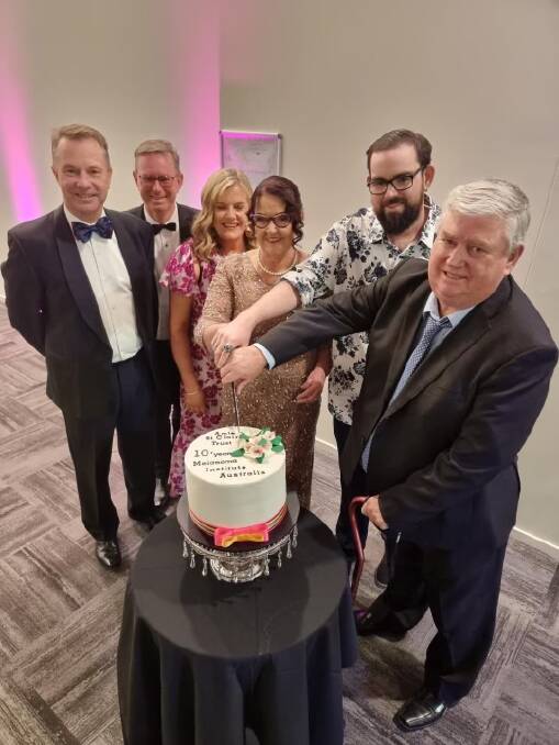 MILESTONE: Dr Richard Harrison, Melanoma Institute CEO Matthew Browne, melanoma care nurse Danielle Goss, Annette St Clair, Tim St Clair and Peter St Clair celebrate ten years of the Amie St Clair trust at its ball on Saturday. Picture: Contributed