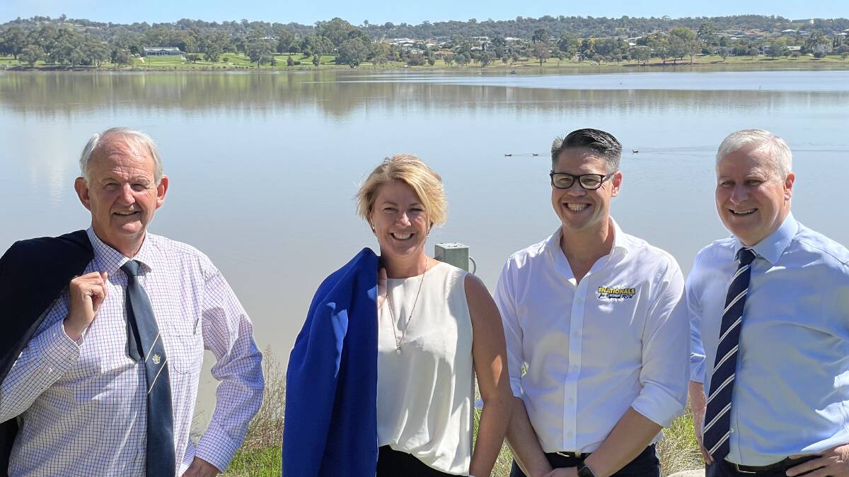 Wagga Mayor Greg Conkey, NSW Water Minister Melinda Pavey, MLC Wes Fang and Riverina MP Michael McCormack at Lake Albert on Wednesday. Picture: Rex Martinich 