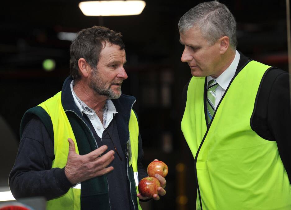 Apple and cherry farmer Greg Mouat and Riverina MP Michael McCormack during a tour of the Batlow Fruit Co-op in 2011.