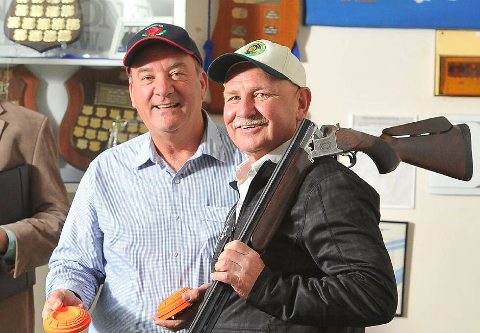 Then Wagga MP Daryl Maguire (left) and then Australian Clay Target Association chief executive Tony Turner, pictured in 2016. Newly released documents showed that Mr Maguire directly contacted Gladys Berejiklian on Mr Turner's behalf about a $5.5 million grant for a clay target function centre in Wagga.