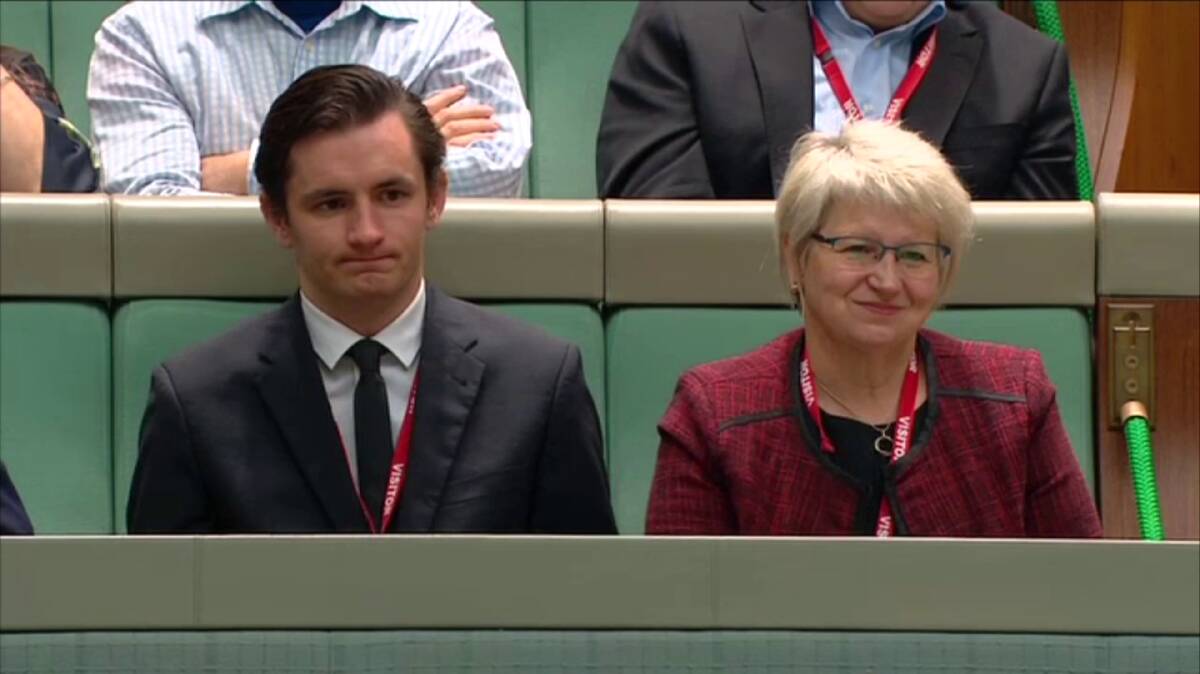 Tim Fischer's son on Dominic and wife Judy Brewer in the public gallery of Parliament House on Monday to hear a condolence motion for the former deputy PM. Picture: APH