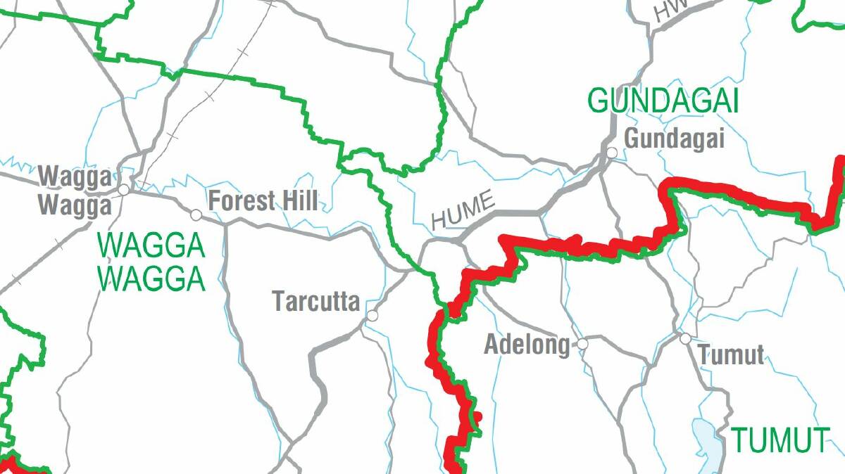 The border, in red and green, between the Riverina electorate on the left and Eden-Monaro on the right. Picture: Australian Electoral Commission. 