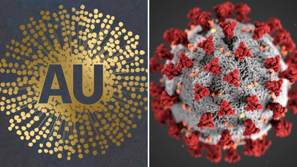 Australia's new national brand (left) and a graphic used to represent coronavirus particles (right).
