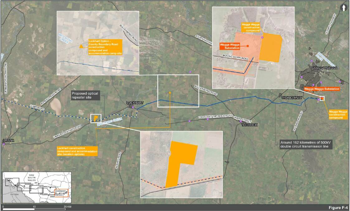 A propose route with construction compounds and accommodation camps for the Project EnergyConnect power line between Wagga and Urana.
