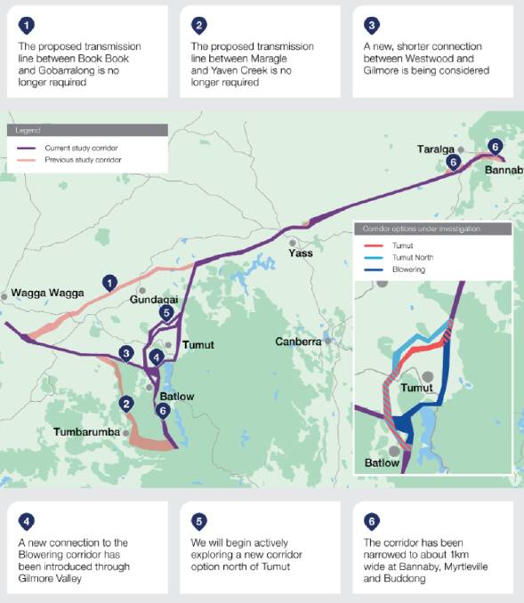 A map of changes to the proposed HumeLink power line route, including the rmoval of a transmission line between Book Book and Gobarralong. Picture: TransGrid.
