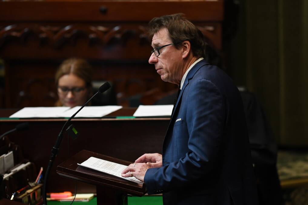 Wagga MP Joe McGirr speaks in parliament on Wednesday on a bill to decriminalise abortion in NSW. Picture: AAP Image/Dean Lewins.