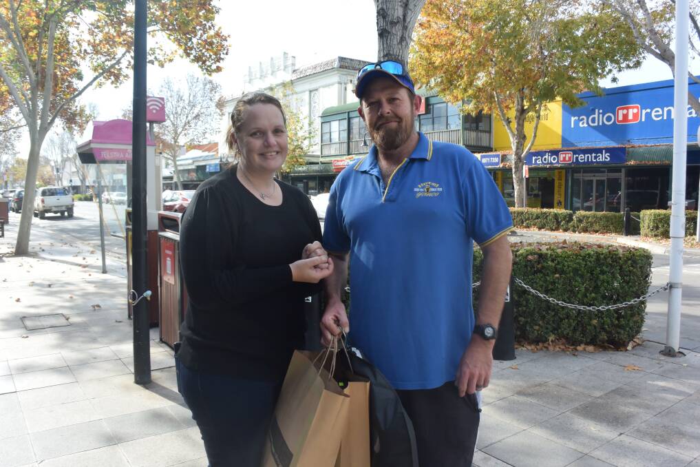 Wagga shoppers Marc and Rachelle Longmore, who have cut back their spending due to financial uncertainty amid the coronavirus pandemic. Picture: Rex Martinich