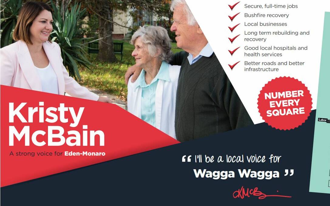 A newspaper advertisement from Eden-Monaro byelection Labor candidate Kristy Mcbain, which pledges "I'll be a strong voice for Wagga Wagga" despite the city being outside the electorate she is contesting.