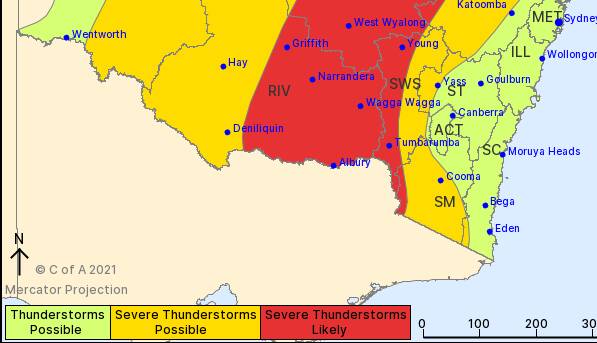 The Bureau of Meteorology warning areas for severe thunderstorms on Sunday afternoon and evening, with Griffith and Wagga "likely" to experience these conditions.
